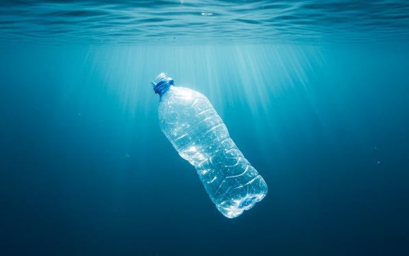 Plastic bottle floating underwater with sunlight streaming from above, symbolizing ocean pollution and the need for recycling solutions.